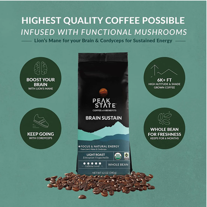 Mushroom-Infused Coffee Beans - Brain Sustain - Organic