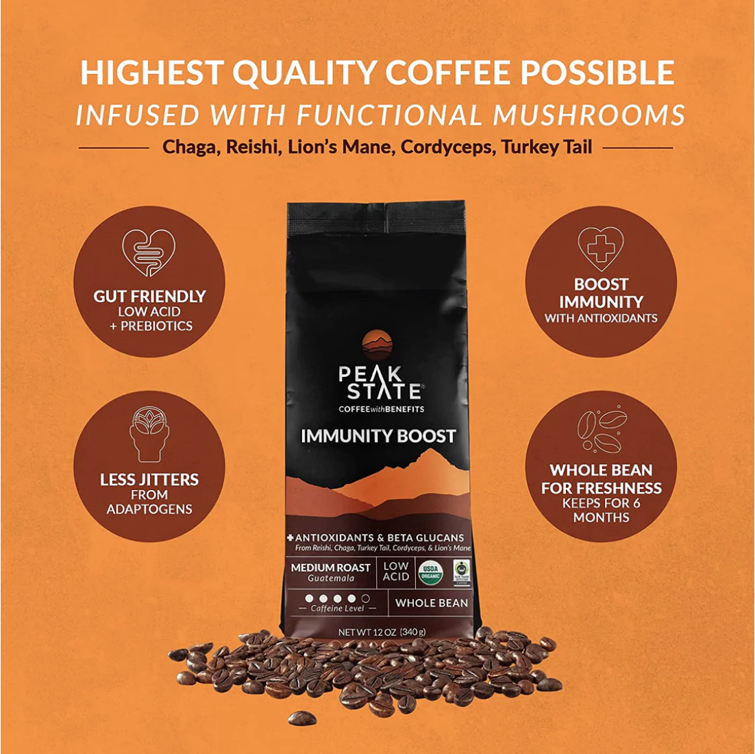 Mushroom-Infused Coffee Beans - Immunity Boost - Organic