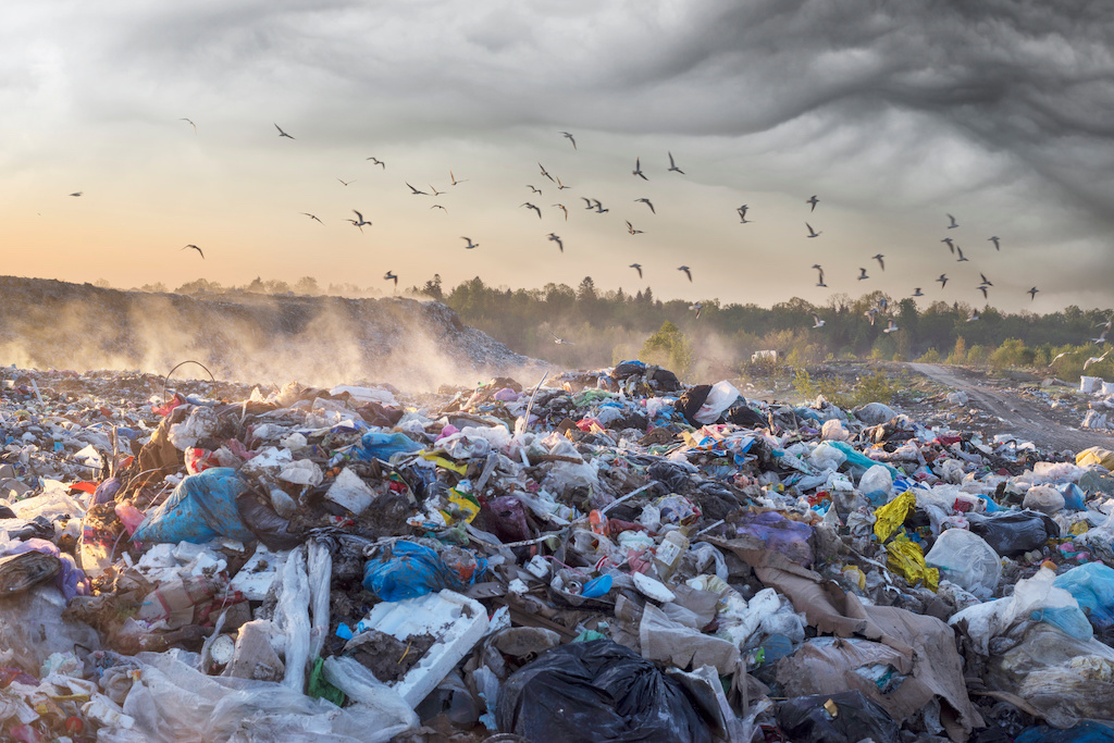 beautiful foggy dawn of the Sun over a huge field of urban garbage, saturated with poisonous fumes of decomposition of organic waste and household chemicals
